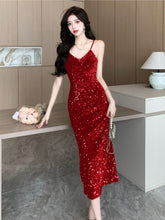 BXOXO party look inspos Autumn Women V-Neck Sequins Party Dress New Elegant Sleeveless Package Hip Spaghetti Strap Long Dresses Chic Vestidos Largos